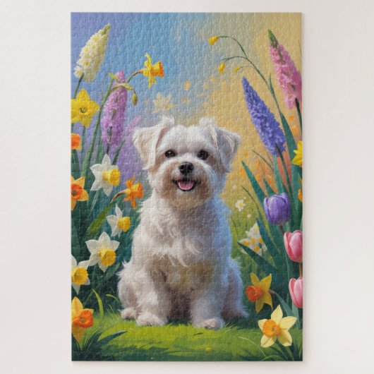 Maltese hond lente bloemen schilderen legpuzzel (Verticaal)