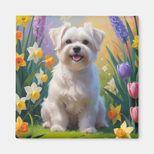 Maltese hond lente bloemen schilderen magneet (Voorkant)