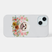 Maltese hond met bloemen, klauwhout iPhone 15 case (Achterkant horizontaal)