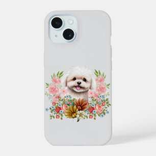 Maltese hond met bloemen, klauwhout iPhone 15 case