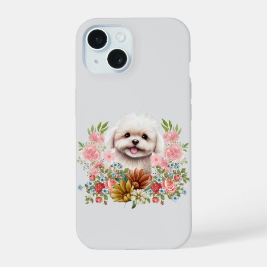 Maltese hond met bloemen, klauwhout iPhone 15 case (Achterkant)