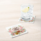 Maltese hond met bloemen, klauwhout kartonnen onderzetters (Insitu)