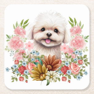Maltese hond met bloemen, klauwhout kartonnen onderzetters