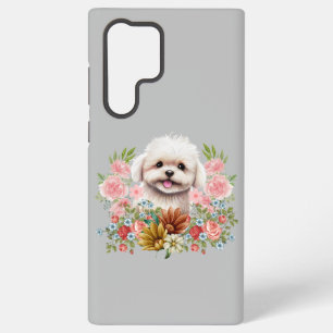Maltese hond met bloemen, klauwhout samsung galaxy hoesje