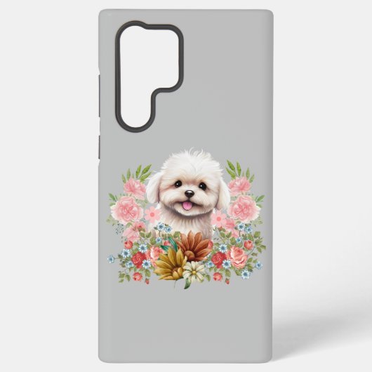 Maltese hond met bloemen, klauwhout samsung galaxy hoesje (Achterkant)