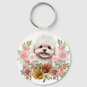 Maltese hond met bloemen, klauwhout sleutelhanger