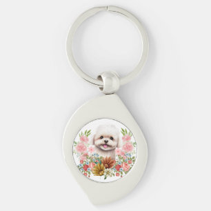 Maltese hond met bloemen, klauwhout sleutelhanger