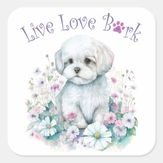Maltese Hond Moeder Bloem Vierkante Sticker (Voorkant)