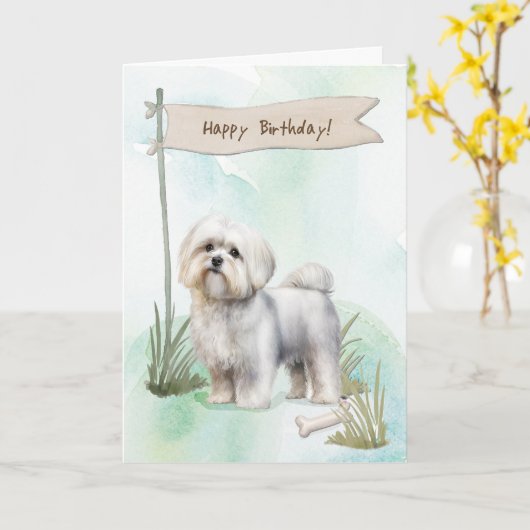 Maltese hond onder verjaardagsbord kaart (Gele Bloem)