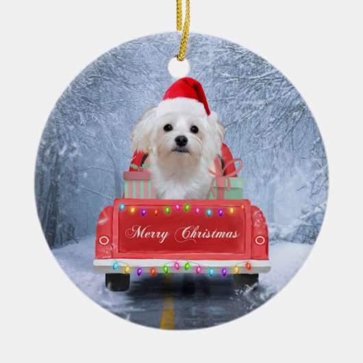 Maltese hond op sneeuw in kerstmis keramisch ornament (Voorkant)