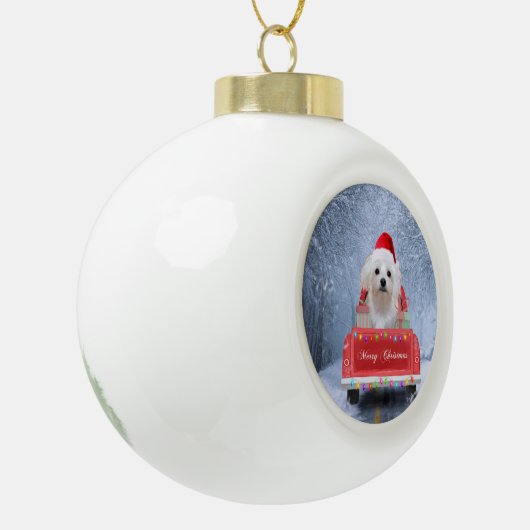 Maltese hond op sneeuw in kerstmis keramische bal ornament (Links)