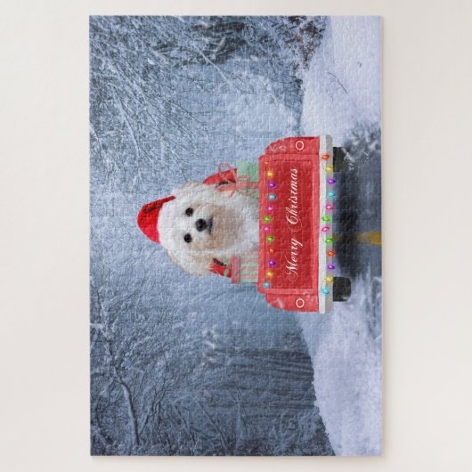 Maltese hond op sneeuw in kerstmis legpuzzel (Verticaal)
