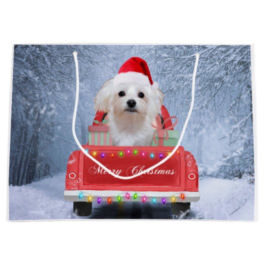Maltese hond op sneeuw in kerstwagen groot cadeauzakje (Voorkant)