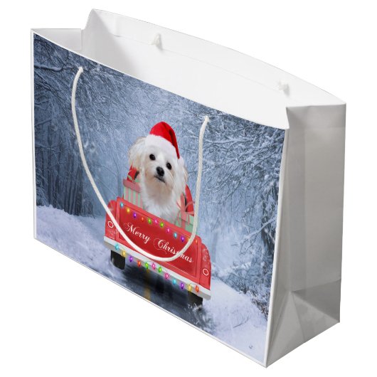 Maltese hond op sneeuw in kerstwagen groot cadeauzakje (Achterkant Gekanteld)