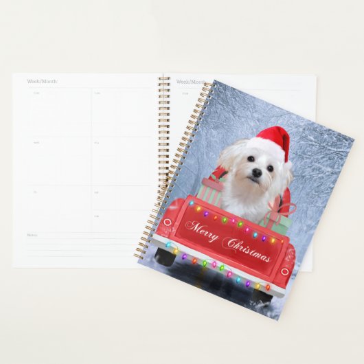 Maltese hond op sneeuw in kerstwagen planner (Display)