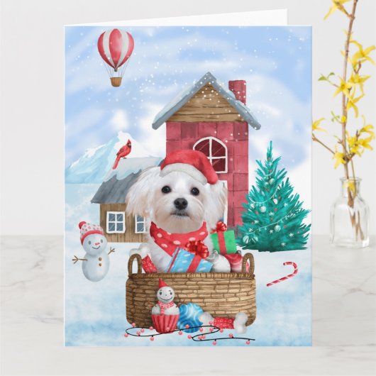 Maltese hond op sneeuwkerstmis kaart (Gele Bloem)
