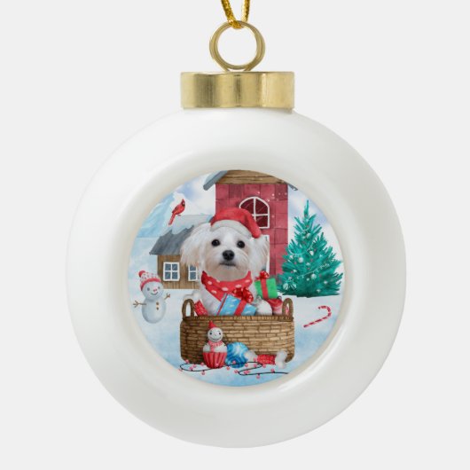 Maltese hond op sneeuwkerstmis keramische bal ornament (Voorkant)