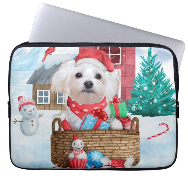 Maltese hond op sneeuwkerstmis laptop sleeve (Voorkant)