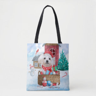 Maltese hond op sneeuwkerstmis tote bag