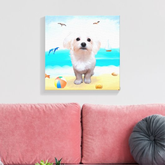 Maltese hond op strand canvas afdruk (Insitu (Woonkamer))
