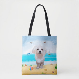 Maltese hond op strand tote bag