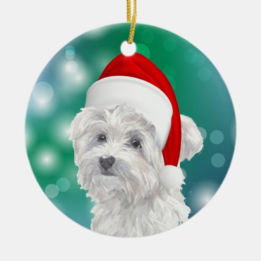 Maltese hond Red Santa Hat Kerstmis Keramisch Ornament (Voorkant)