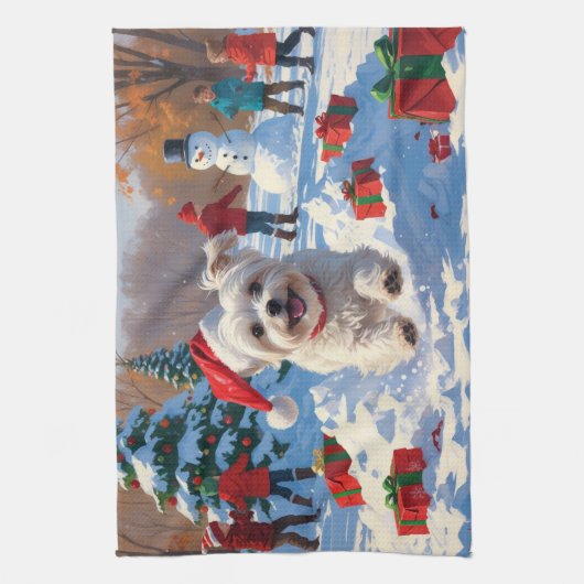 Maltese hond rent in de sneeuw met kerst Pet Theedoek (Verticaal)