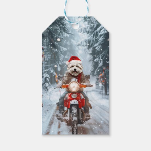 Maltese Hond Rijden Motorfiets Kerstmis Cadeaulabel (Voorkant)