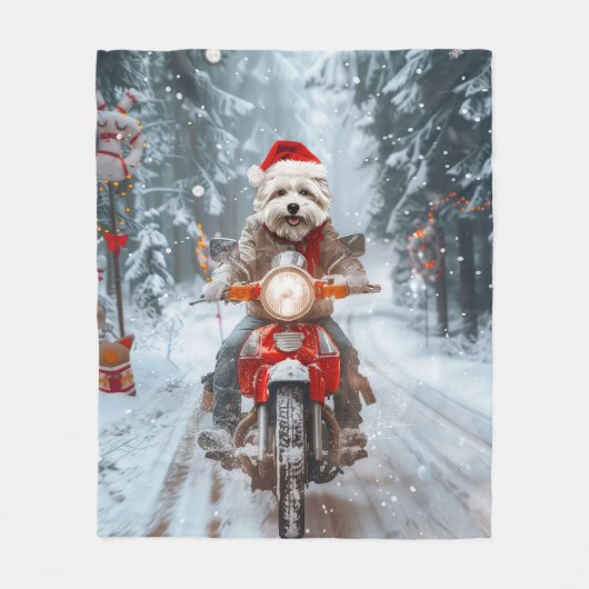 Maltese Hond Rijden Motorfiets Kerstmis Fleece Deken (Voorkant)