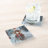 Maltese Hond Rijden Motorfiets Kerstmis Glazen Onderzetter (Schuin)