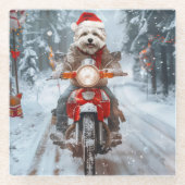 Maltese Hond Rijden Motorfiets Kerstmis Glazen Onderzetter (Voorkant)