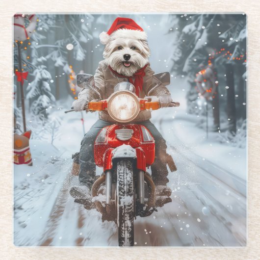 Maltese Hond Rijden Motorfiets Kerstmis Glazen Onderzetter (Voorkant)