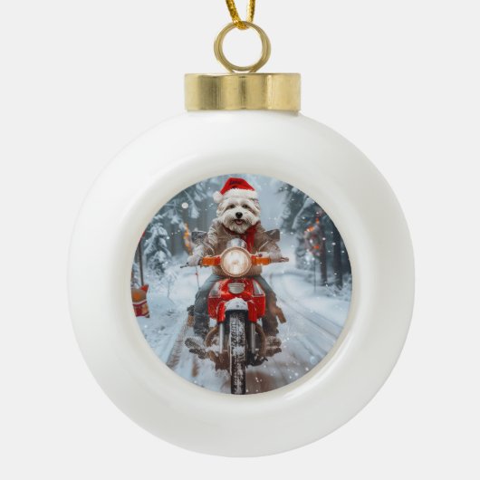 Maltese Hond Rijden Motorfiets Kerstmis Keramische Bal Ornament (Voorkant)