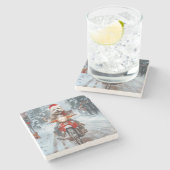 Maltese Hond Rijden Motorfiets Kerstmis Stenen Onderzetter (Zijkant)