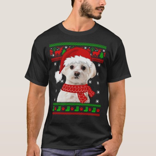 Maltese hond Ugly Sweater Kerstpuppy Hondenliefheb T-shirt (Voorkant)