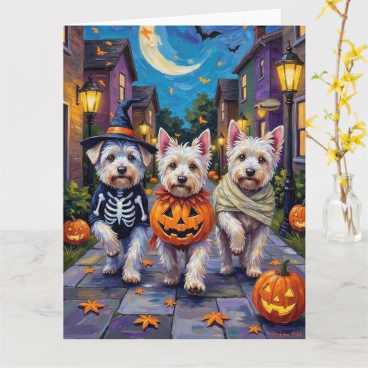 Maltese Honden Trick-or-Treating Halloween Kostuum Kaart (Gele Bloem)