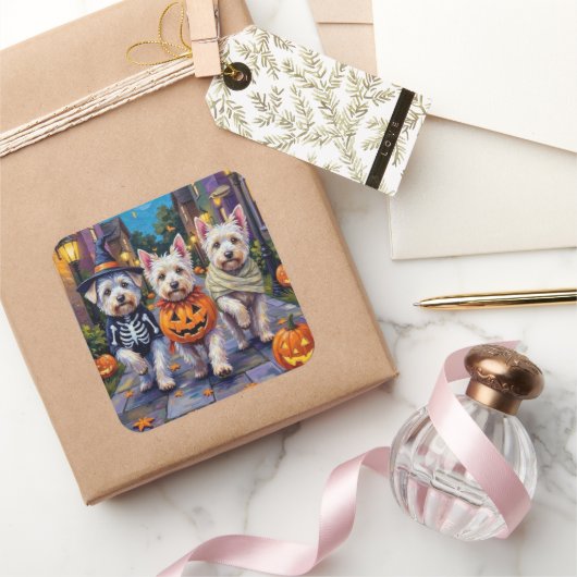 Maltese Honden Trick-or-Treating Halloween Kostuum Vierkante Sticker (Geschenken)