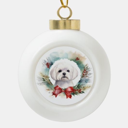 Maltese Kerstkrans feestelijke pup Keramische Bal Ornament (Voorkant)