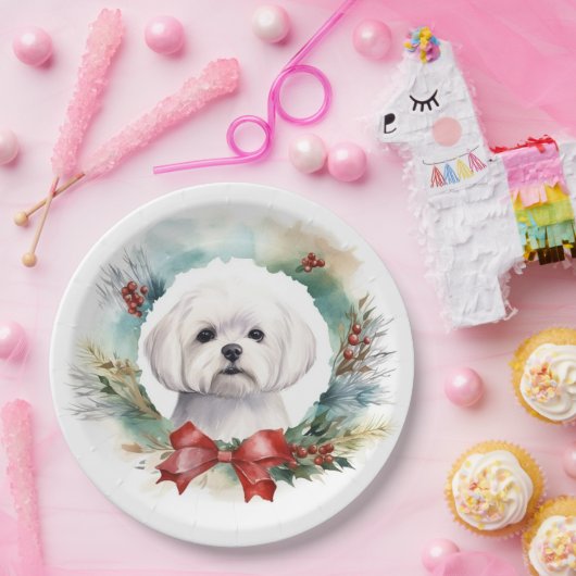 Maltese Kerstkrans feestelijke pup Papieren Bordje (Feest)