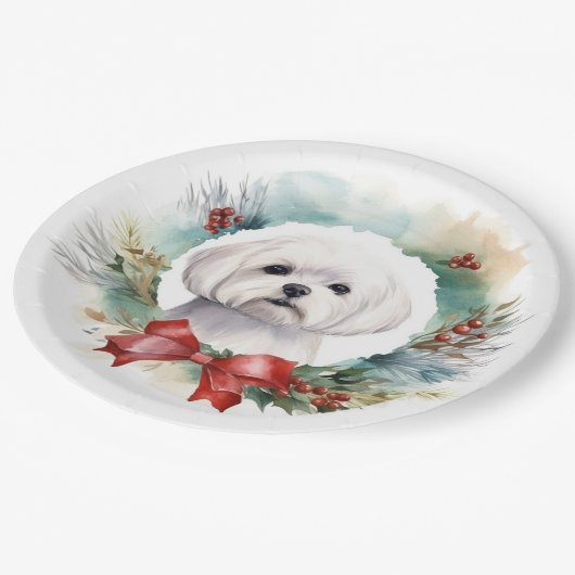 Maltese Kerstkrans feestelijke pup Papieren Bordje (Gekanteld)