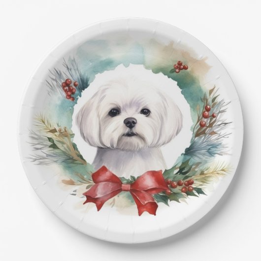 Maltese Kerstkrans feestelijke pup Papieren Bordje (Voorkant)