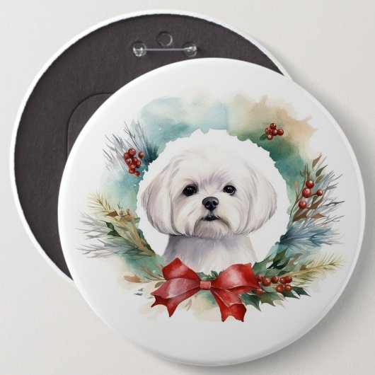 Maltese Kerstkrans feestelijke pup Ronde Button 6,0 Cm (Voorkant /achterkant)