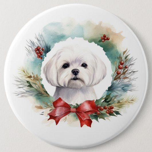 Maltese Kerstkrans feestelijke pup Ronde Button 6,0 Cm (Voorkant)