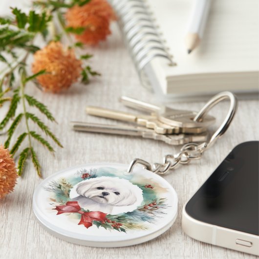 Maltese Kerstkrans feestelijke pup Sleutelhanger (Voorkant Rechts)
