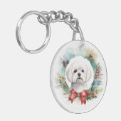 Maltese Kerstkrans feestelijke pup Sleutelhanger (Voorkant Links)