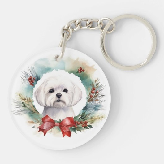 Maltese Kerstkrans feestelijke pup Sleutelhanger (Achterkant)