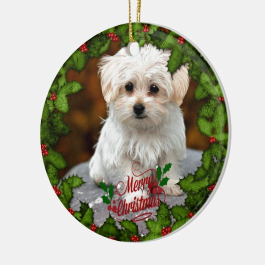 Maltese kerstpuppy keramisch ornament (Links)