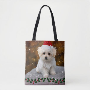 Maltese kerstpuppy tote bag