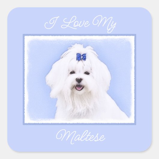 Maltese Painting - Cute Original Dog Art Square St Vierkante Sticker (Voorkant)