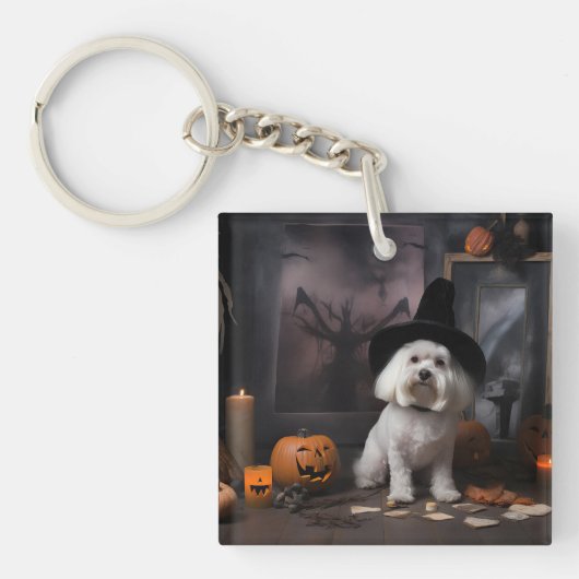 Maltese Pompoenen Halloween Griezelen Sleutelhanger (Voorkant)
